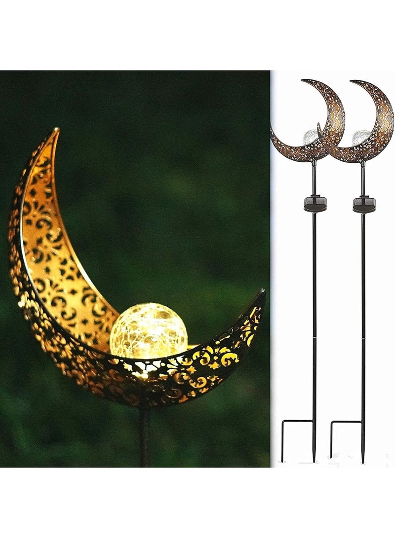 TOP ONE 2 Pack Garden Solar Light Outdoor Metal Moon Shape Lamp with Waterproof Crackle Glass Globe for Garden,Lawn,Patio,Pathway or Courtyard - Image 1