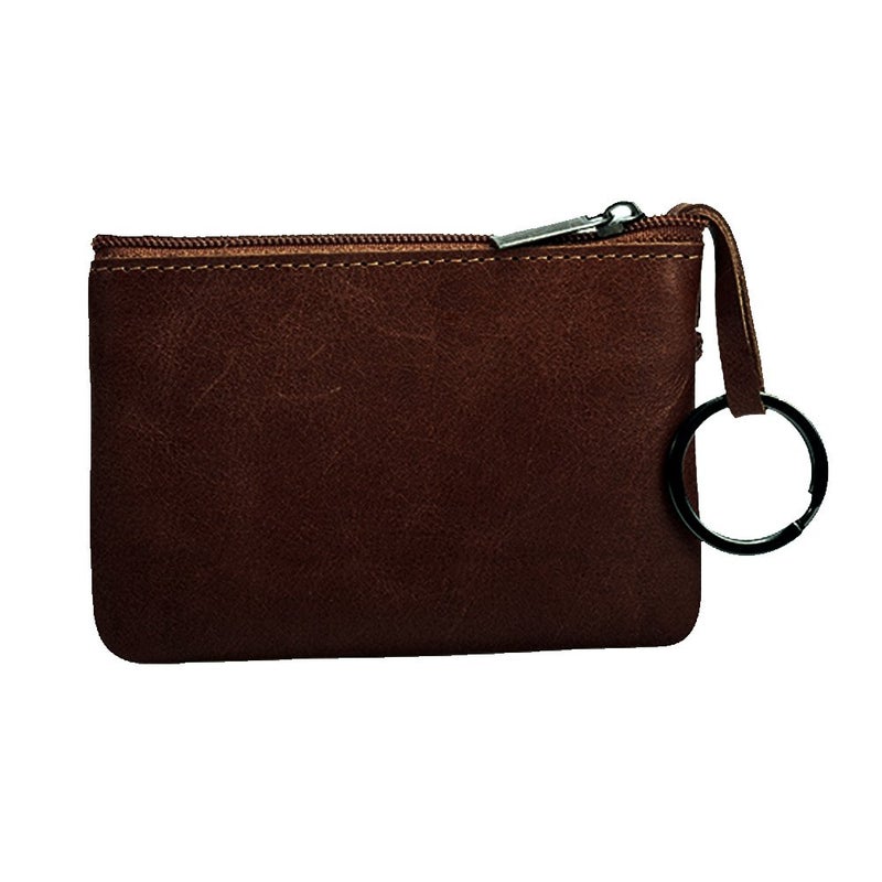 Hibate Deep-Brown Small Leather Coin Purse Change Pouch for Women Men Kids with Zip Key Ring - Image 2