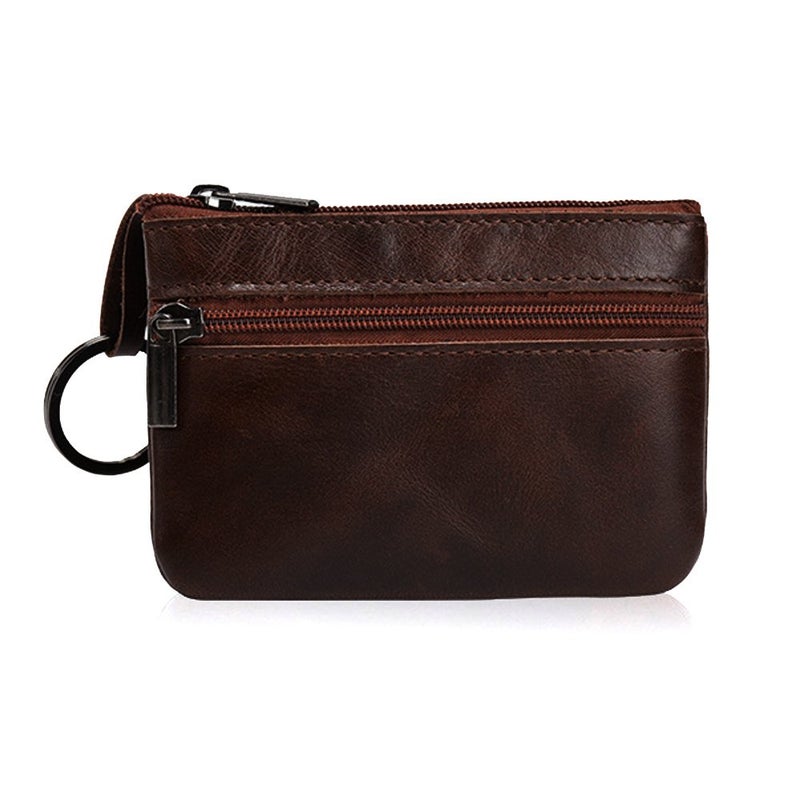 Hibate Deep-Brown Small Leather Coin Purse Change Pouch for Women Men Kids with Zip Key Ring - Image 4