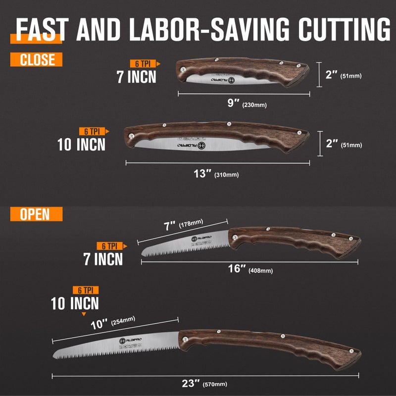 ALDIPRO 7" Professional Folding Hand Saw - SK5 High Carbon Steel Blade, Ergonomic Wenge Wood Handle, Leather Sheath | Survival Saw for Camping, Bushcraft, Pruning & Tree Trimming with Secure Lock - Image 2