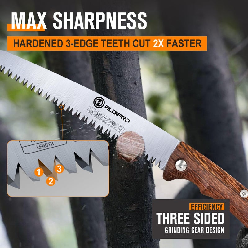 ALDIPRO 7" Professional Folding Hand Saw - SK5 High Carbon Steel Blade, Ergonomic Wenge Wood Handle, Leather Sheath | Survival Saw for Camping, Bushcraft, Pruning & Tree Trimming with Secure Lock - Image 3