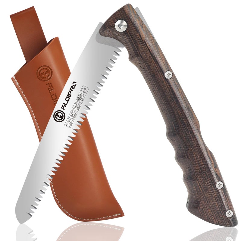 ALDIPRO 7" Professional Folding Hand Saw - SK5 High Carbon Steel Blade, Ergonomic Wenge Wood Handle, Leather Sheath | Survival Saw for Camping, Bushcraft, Pruning & Tree Trimming with Secure Lock - Image 1
