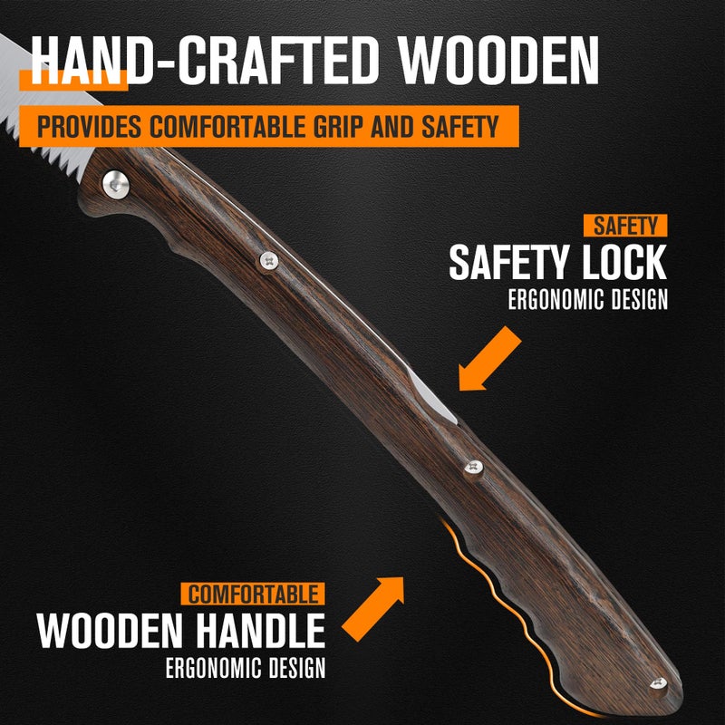 ALDIPRO 7" Professional Folding Hand Saw - SK5 High Carbon Steel Blade, Ergonomic Wenge Wood Handle, Leather Sheath | Survival Saw for Camping, Bushcraft, Pruning & Tree Trimming with Secure Lock - Image 5