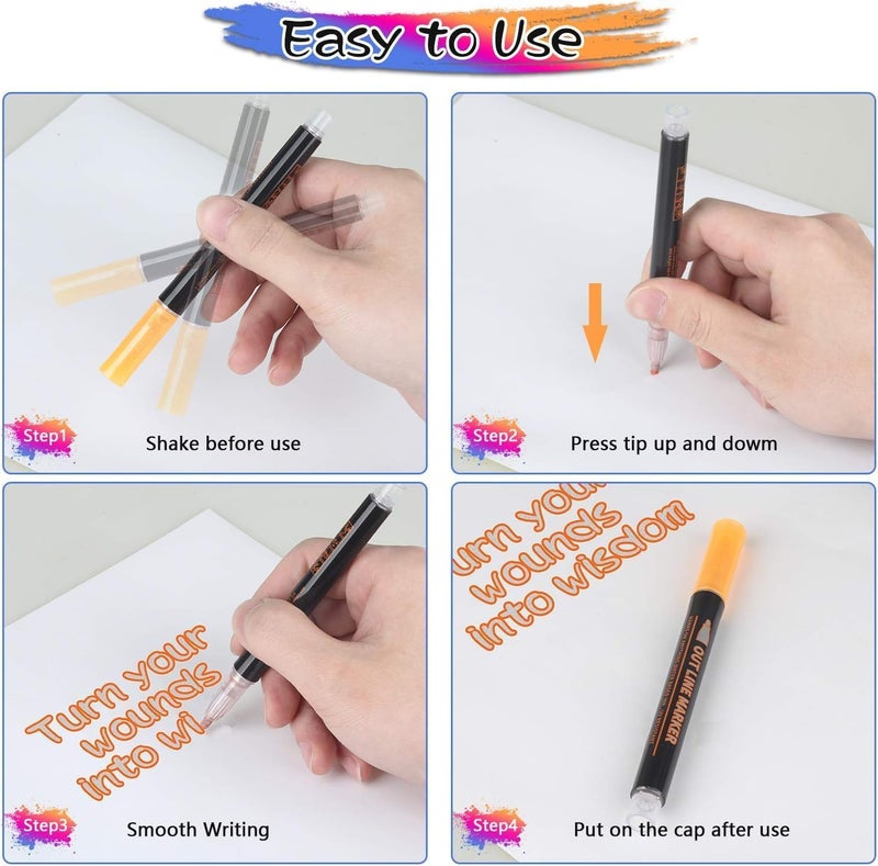 PROBABE Outline Marker Pen Set – 12 Metallic Self-Outline Colors for Art| Double Line Glitter Pens for DIY Projects, Scrapbooks & Greeting Cards | Magic Ink with Auto Silver Outline - Image 2