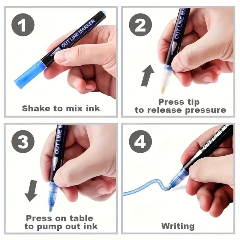 PROBABE Outline Marker Pen Set – 12 Metallic Self-Outline Colors for Art| Double Line Glitter Pens for DIY Projects, Scrapbooks & Greeting Cards | Magic Ink with Auto Silver Outline - Image 3