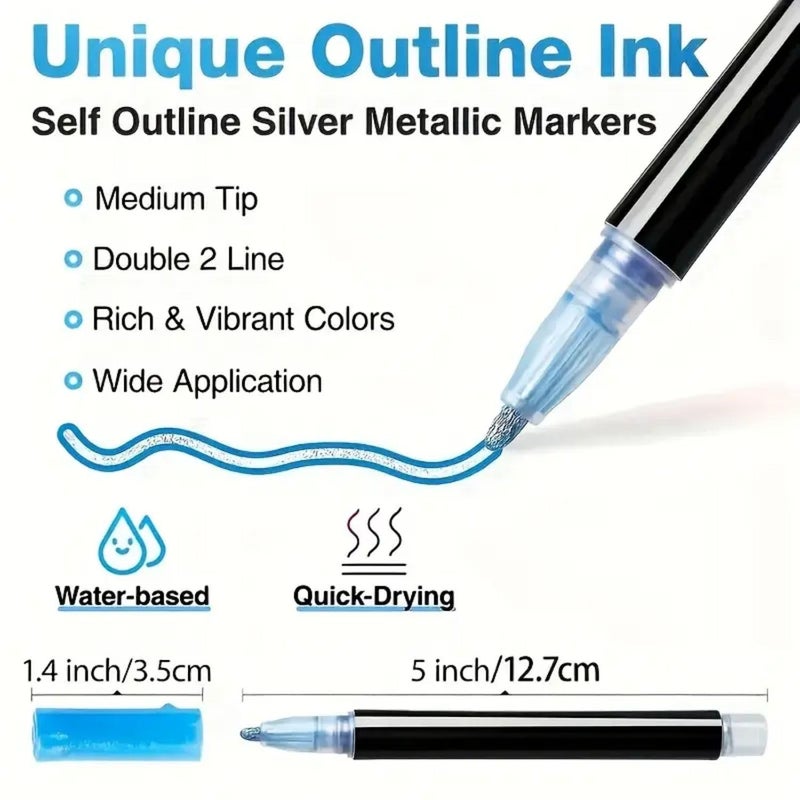 PROBABE Outline Marker Pen Set – 12 Metallic Self-Outline Colors for Art| Double Line Glitter Pens for DIY Projects, Scrapbooks & Greeting Cards | Magic Ink with Auto Silver Outline - Image 4