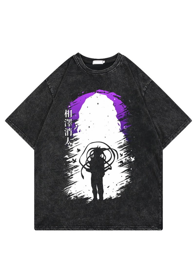 Washed retro T-shirt street hip hop anime My Hero Academia casual cotton summer short sleeves - Image 1
