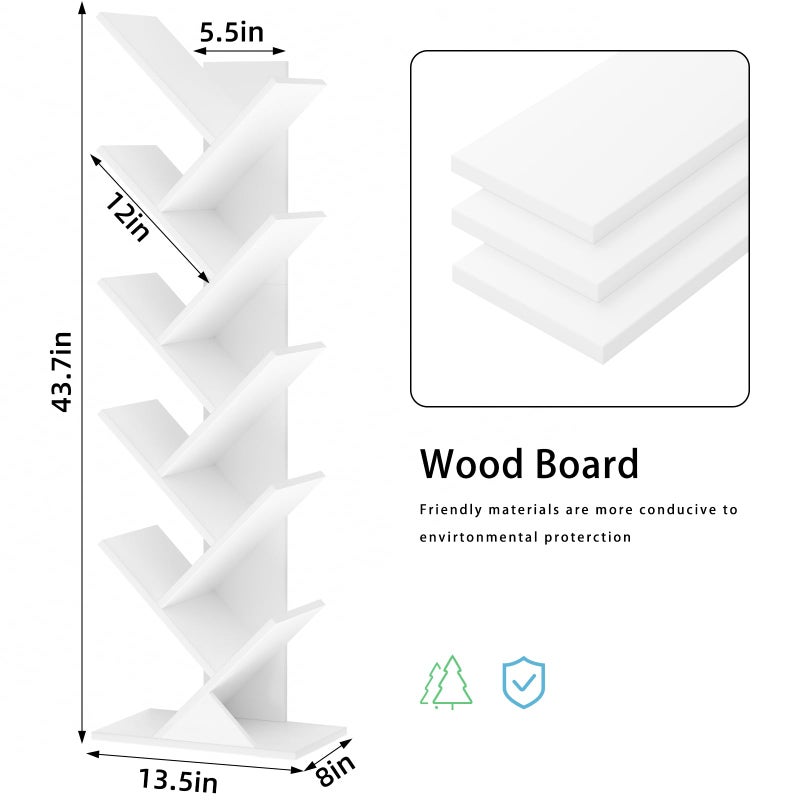 SHEEPAM 10 Tier Tree Book Shelf, Floor Standing Wood Bookshelf for Narrow Space, Storage Organizer Bookshelves for Books/CDs/Magazine, Bookcase with Shelves for Home Office, Living Room - White - Image 4