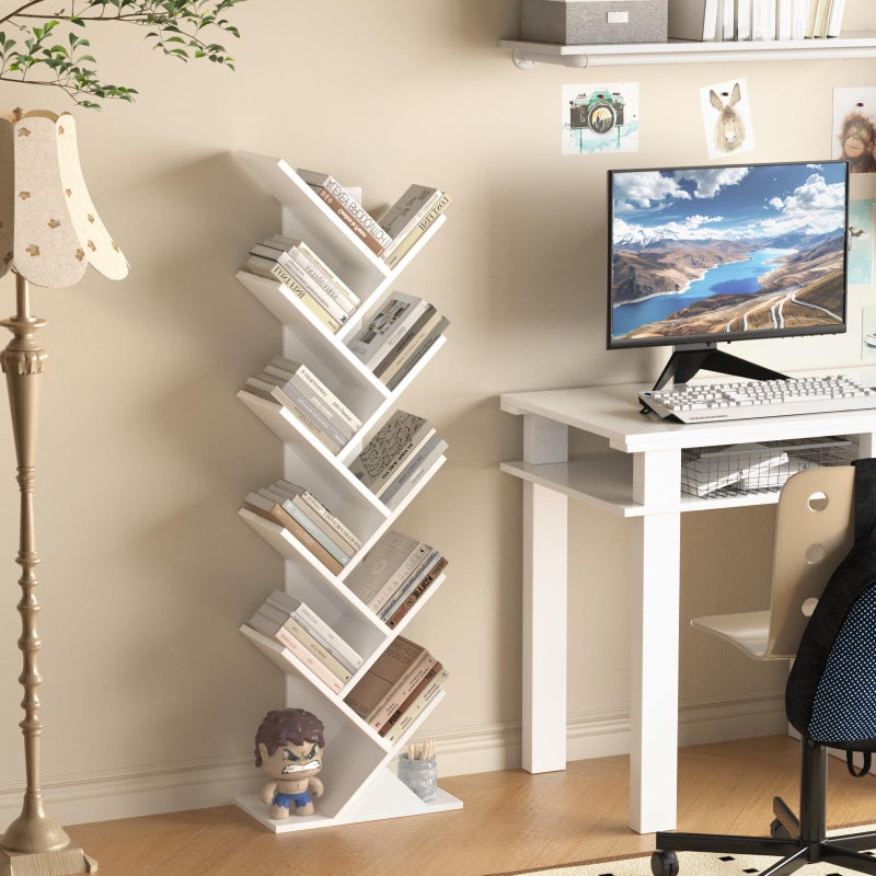 SHEEPAM 10 Tier Tree Book Shelf, Floor Standing Wood Bookshelf for Narrow Space, Storage Organizer Bookshelves for Books/CDs/Magazine, Bookcase with Shelves for Home Office, Living Room - White - Image 5