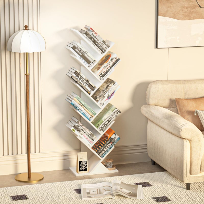 SHEEPAM 10 Tier Tree Book Shelf, Floor Standing Wood Bookshelf for Narrow Space, Storage Organizer Bookshelves for Books/CDs/Magazine, Bookcase with Shelves for Home Office, Living Room - White - Image 3