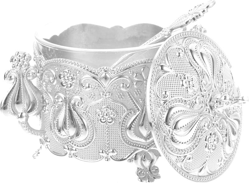 PATKAW Decorative Sugar Canister with Lid and Spoon, Embossed European Style Seasoning Jar, Kitchen Spice Container for Home Use, Silver Kitchen Seasoning Holder - Image 1
