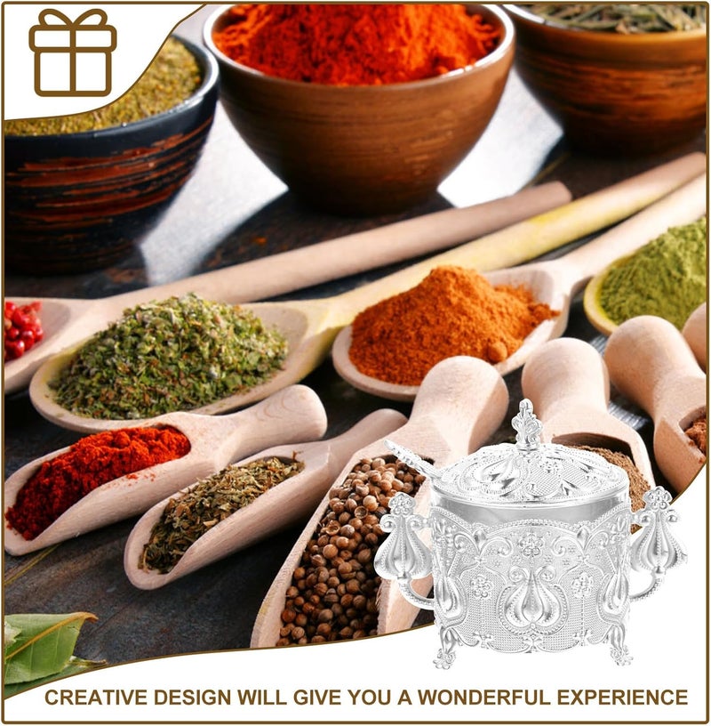 PATKAW Decorative Sugar Canister with Lid and Spoon, Embossed European Style Seasoning Jar, Kitchen Spice Container for Home Use, Silver Kitchen Seasoning Holder - Image 3