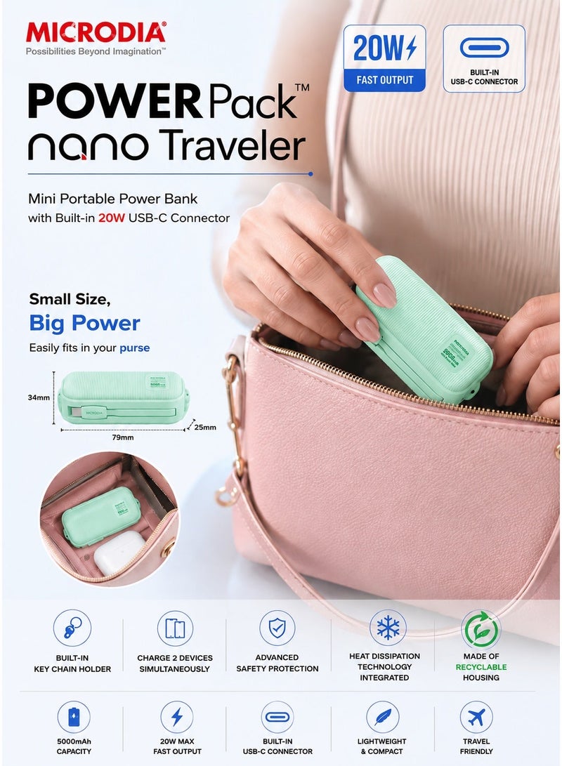 ميكروديا بنك طاقة صغير مايكروديا نانو ترافيلر 2 في 1 بقوة 20 واط، مزود بمنفذ USB-C مدمج، وسعة 5000 مللي أمبير - شاحن محمول صغير الحجم لأجهزة آيفون وسامسونج وغيرها - أخضر - Image 2