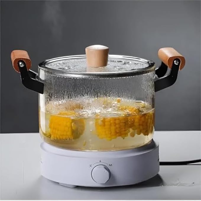 ريحني قدر زجاجي سعة 25 لتر مع غطاء ومقبض خشبي مزدوج، سطح طهي زجاجي مقاوم للحرارة، آمن لتحضير أو تسخين المعكرونة والحساء والشعيرية، سعة 25 لترًا - Image 3