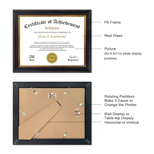 DEKWINN 8.5x11 Diploma Frames Certificate Document Frame Set of 3 with Real Glass, Diploma Frame for Wall Gallery or Tabletop display, Black Gold Molding,Without Mat - Image 2