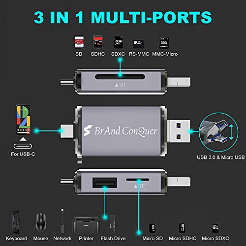 Brand Conquer Metal Body 6 in 1 with OTG, SD Card Reader, USB Type C, USB 3.0 and Micro USB, for Memory Card Compatible with TF, SD,Micro SD,SDHC, SDXC, MMC,RS-MMC, Micro SDXC (6 in 1 Card Reader) - Image 3