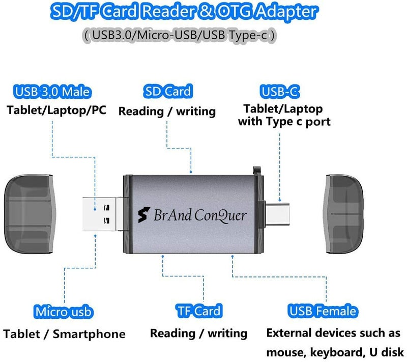 Brand Conquer Metal Body 6 in 1 with OTG, SD Card Reader, USB Type C, USB 3.0 and Micro USB, for Memory Card Compatible with TF, SD,Micro SD,SDHC, SDXC, MMC,RS-MMC, Micro SDXC (6 in 1 Card Reader) - Image 4