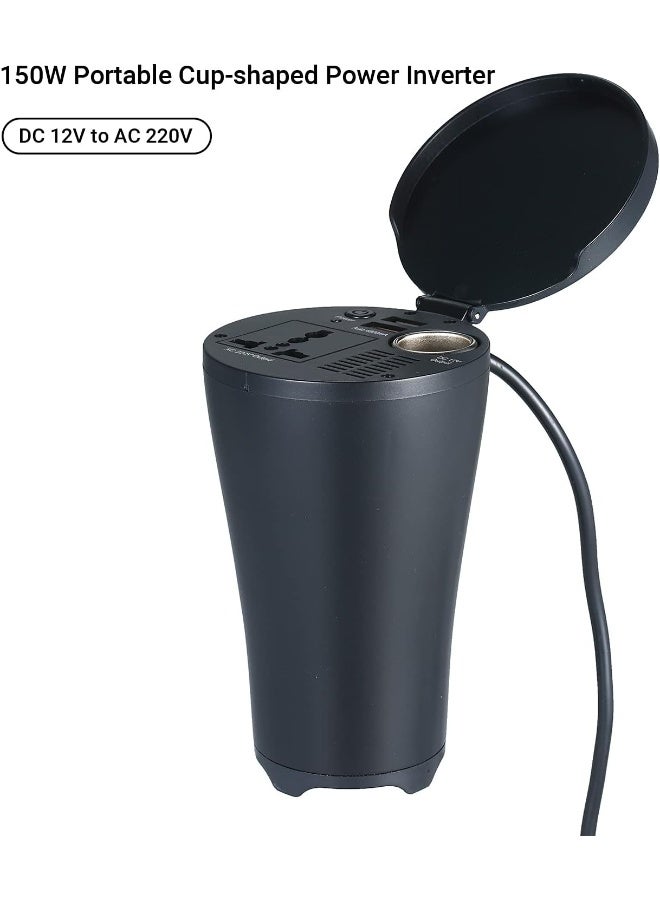 Leeofty 150W Portable Power Inverter DC 12V to AC 220V Cup-shaped Car Inverter Converter Transformer with 1 AC Outlet 1 Socket Dual USB Ports - Image 5