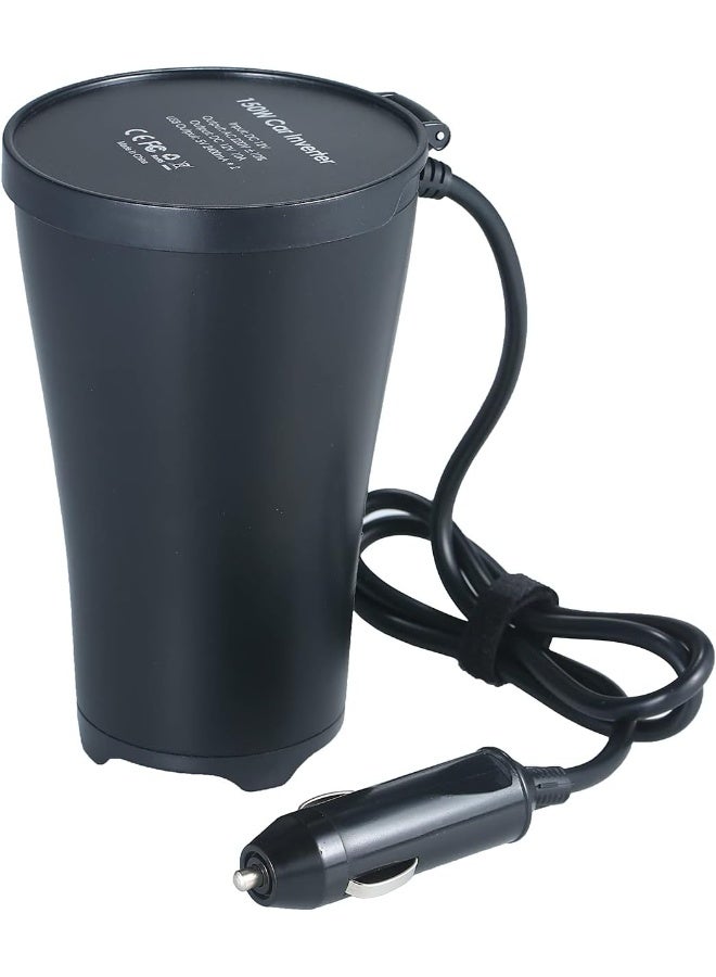 Leeofty 150W Portable Power Inverter DC 12V to AC 220V Cup-shaped Car Inverter Converter Transformer with 1 AC Outlet 1 Socket Dual USB Ports - Image 1