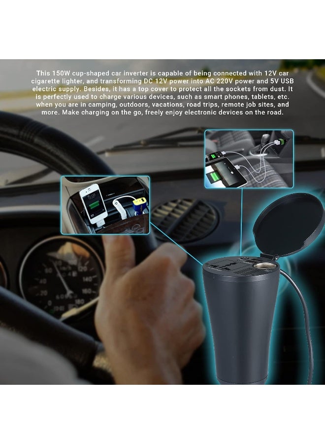 Leeofty 150W Portable Power Inverter DC 12V to AC 220V Cup-shaped Car Inverter Converter Transformer with 1 AC Outlet 1 Socket Dual USB Ports - Image 3