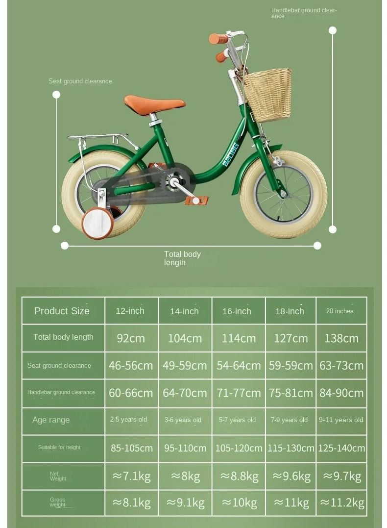 GULFLINK 12 inch Retro Design Girls Bike With Basket For Kids Height Between 85-95 cm Green - Image 3