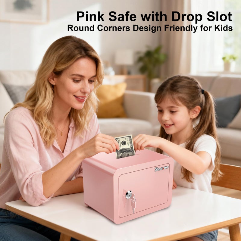 Emasme Pink Safe Kids Safe Mini Safes for Kids Small Safes for Home Dorm Safety Box for Money Cash Documents Mini Lock Box with Key Pink Portable (0.23 cubic feet) - Image 2