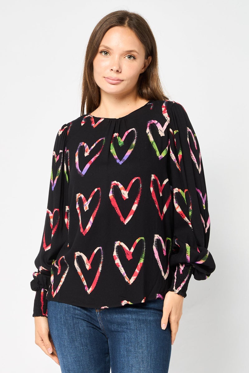 DESIGUAL Women Round Neck Long Sleeves Allover Print Top, Multicolor - Image 1