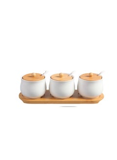 Y&D Ceramic Japanese Style Vintage Seasoning Jar Three-piece Set Wooden Pallet With Spoon  - Image 1