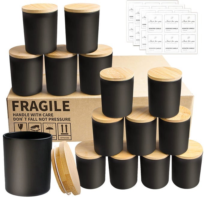 15 PACK 7 OZ MATTE BLACK CANDLE JARS WITH BAMBOO LIDS FOR MAKING CANDLES THICK GLASS CANDLE JARS EMPTY JARS IN BULK WITH LIDS DISHWASHER SAFE