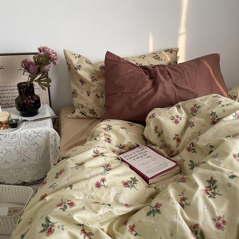 MKXI Yellowish Beige & Red Floral Duvet Cover Set Full Size - 3 Piece Vintage Country Bedding Set with Floral & Green Leaf Patterns, 100% Cotton Soft Aesthetic Duvet Cover with Ties & Pillowcases - Image 4