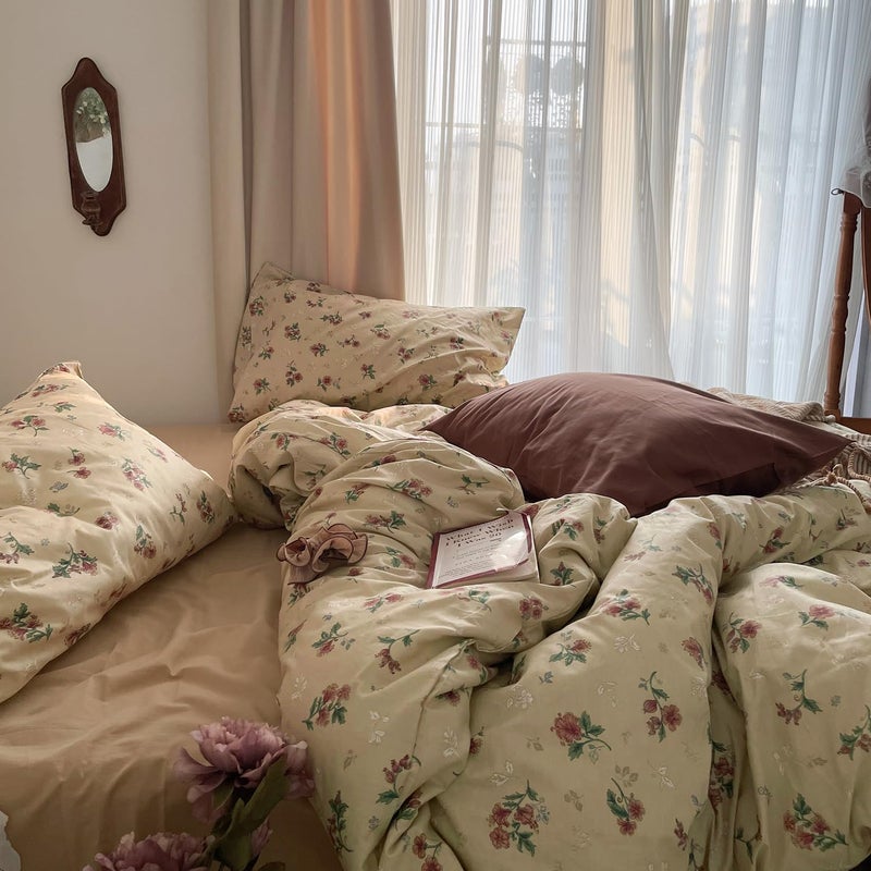 MKXI Yellowish Beige & Red Floral Duvet Cover Set Full Size - 3 Piece Vintage Country Bedding Set with Floral & Green Leaf Patterns, 100% Cotton Soft Aesthetic Duvet Cover with Ties & Pillowcases - Image 5