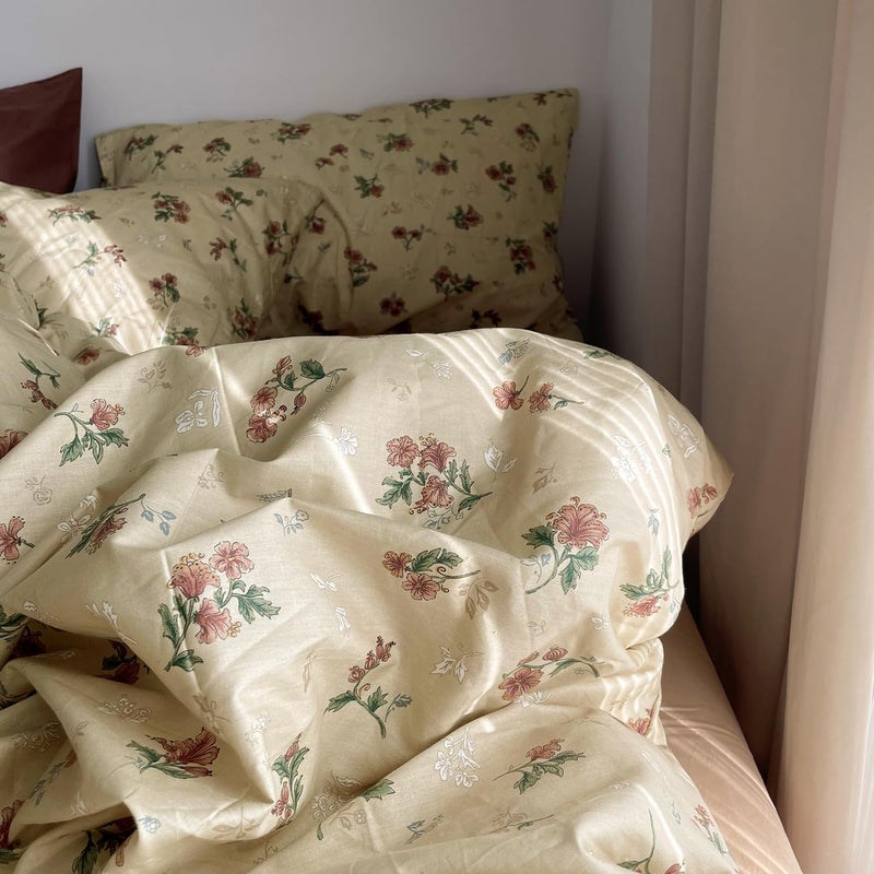 MKXI Yellowish Beige & Red Floral Duvet Cover Set Full Size - 3 Piece Vintage Country Bedding Set with Floral & Green Leaf Patterns, 100% Cotton Soft Aesthetic Duvet Cover with Ties & Pillowcases - Image 3