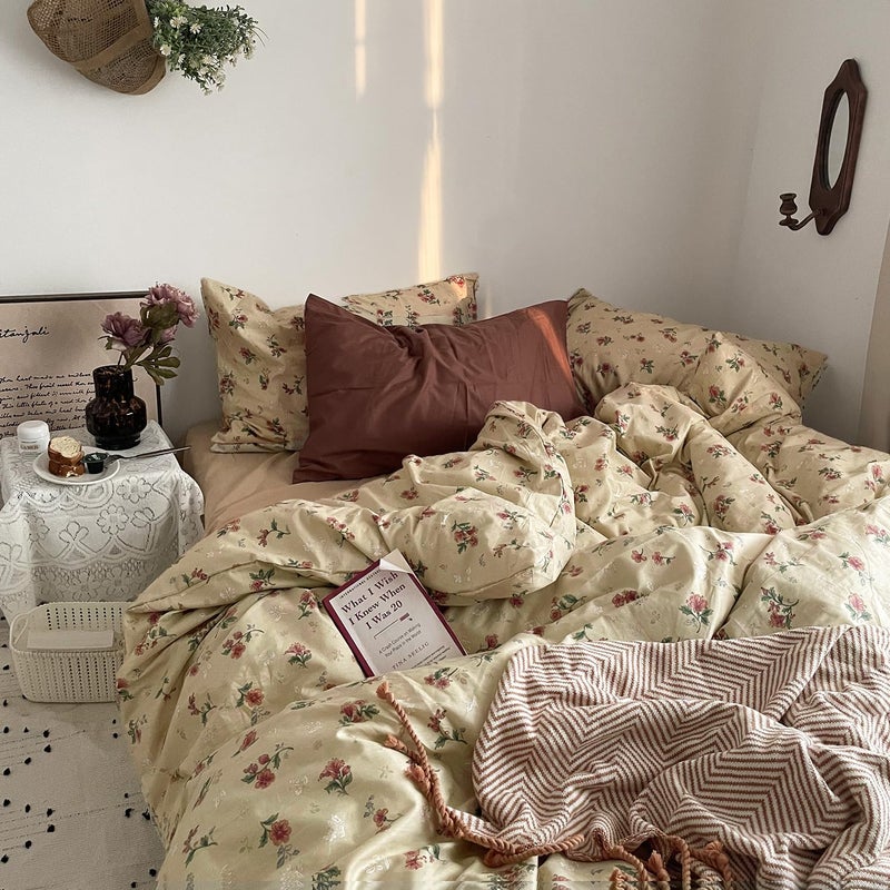 MKXI Yellowish Beige & Red Floral Duvet Cover Set Full Size - 3 Piece Vintage Country Bedding Set with Floral & Green Leaf Patterns, 100% Cotton Soft Aesthetic Duvet Cover with Ties & Pillowcases - Image 1