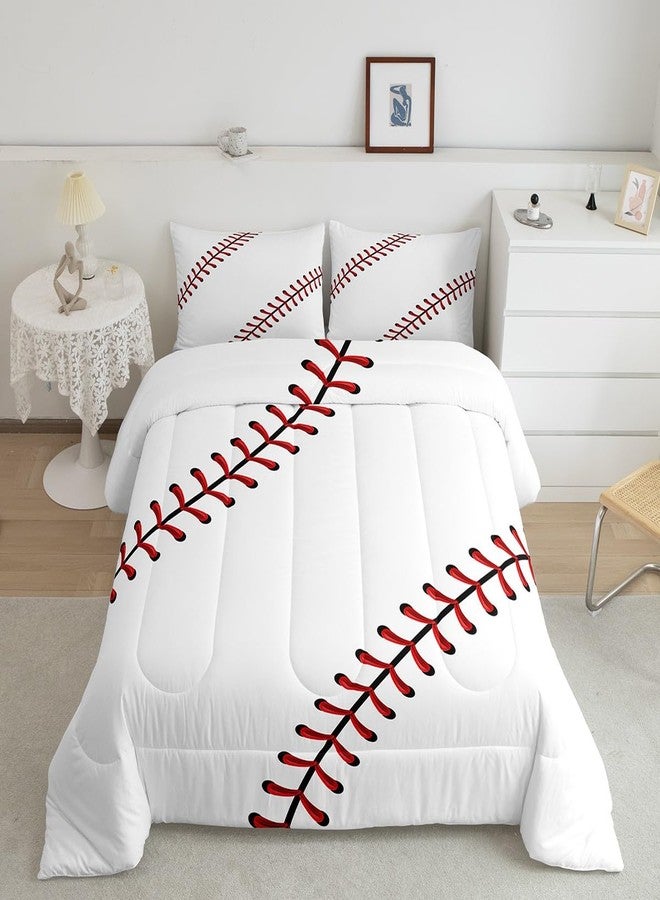 Man Fei Baseball Kids Comforter Set Twin Size,Baseball String Stripe Geometric Patchwork Bedding Set,Boys Girls Men Room Decor,Ball Sport Games Simple Down Comforter,Red White Duvet Insert,1 Pillowcase - Image 2
