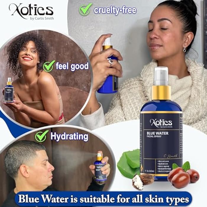 Xotics by Curtis Smith بخاخ الوجه الأزرق من زيوتكس - 8 أونصات - رذاذ مرطب للوجه مع الألوة فيرا - تونر منعش للرجال والنساء، بعد الحلاقة، رذاذ مرطب يومي لجميع أنواع البشرة - Image 2