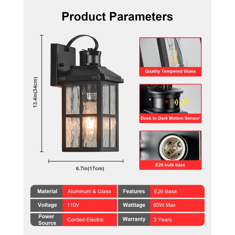 YJXGDIL Motion Sensor Outdoor Lights Dusk to Dawn Porch Light Black Exterior Lighting Fixtures Modern Outside Wall Mount Coach Lamp for House Garage Patio Front Door - Image 5