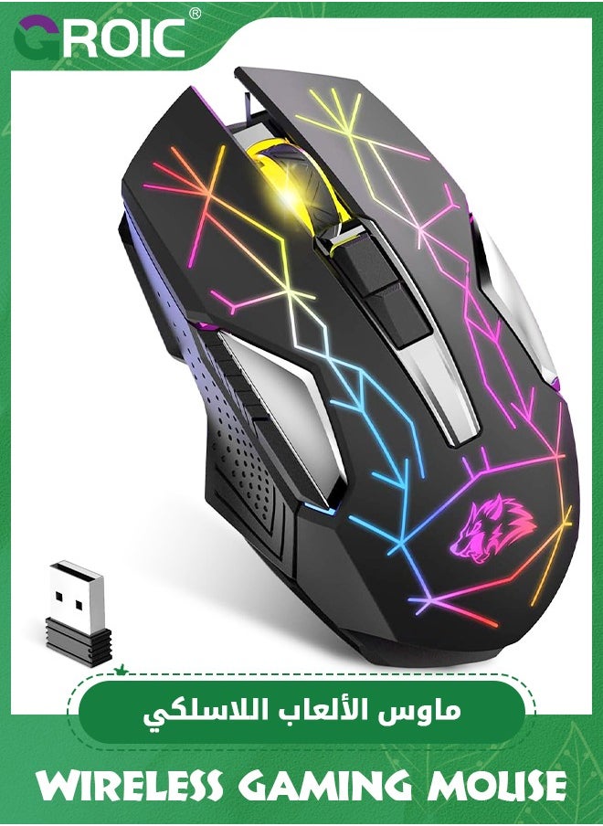GROIC - Black Wireless Gaming Mouse Rechargeable with Silent Rainbow RGB Backlit ,2.4G USB Nano Receiver Optical Sensor 3 level DPI,Ergonomic Gamer Laptop High Performance PC Mice for Windows/Mac/Vista - Image 1