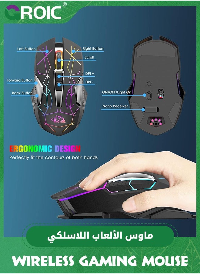 GROIC - Black Wireless Gaming Mouse Rechargeable with Silent Rainbow RGB Backlit ,2.4G USB Nano Receiver Optical Sensor 3 level DPI,Ergonomic Gamer Laptop High Performance PC Mice for Windows/Mac/Vista - Image 1