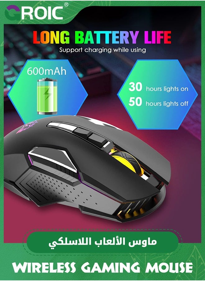 GROIC - Black Wireless Gaming Mouse Rechargeable with Silent Rainbow RGB Backlit ,2.4G USB Nano Receiver Optical Sensor 3 level DPI,Ergonomic Gamer Laptop High Performance PC Mice for Windows/Mac/Vista - Image 1