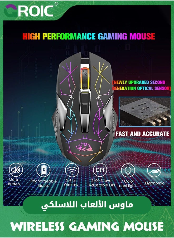 GROIC - Black Wireless Gaming Mouse Rechargeable with Silent Rainbow RGB Backlit ,2.4G USB Nano Receiver Optical Sensor 3 level DPI,Ergonomic Gamer Laptop High Performance PC Mice for Windows/Mac/Vista - Image 1
