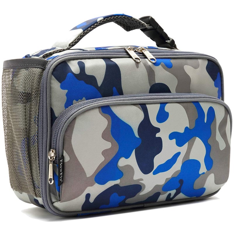 FlowFly Kids Lunch box Insulated Soft Bag Mini Cooler Back to School Thermal Meal Tote Kit for Girls BoysBlue Camo