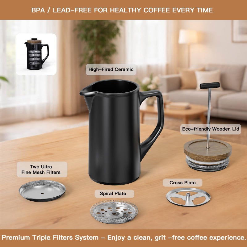 DHPO Ceramic French Press Coffee Maker, 22oz Single Serve Coffee Press with Walnut Wood Lid, Lead-Free, Food Grade Stainless Steel Filter with Dual Screen for Coffee and Loose Tea, Black - Image 5