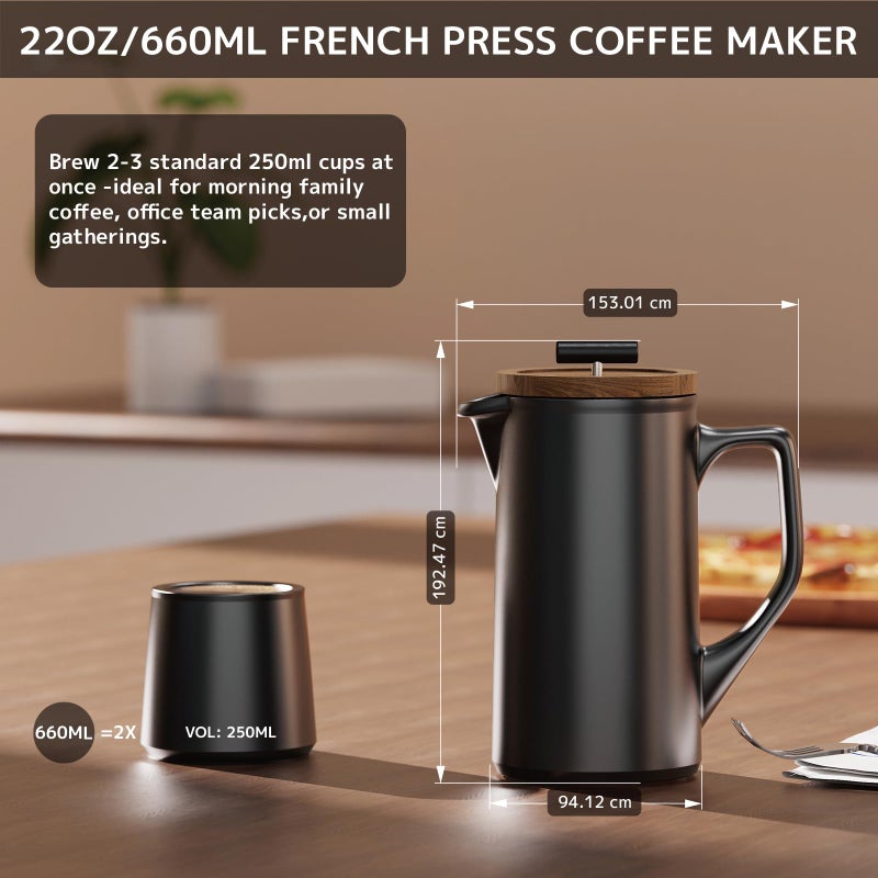 DHPO Ceramic French Press Coffee Maker, 22oz Single Serve Coffee Press with Walnut Wood Lid, Lead-Free, Food Grade Stainless Steel Filter with Dual Screen for Coffee and Loose Tea, Black - Image 4
