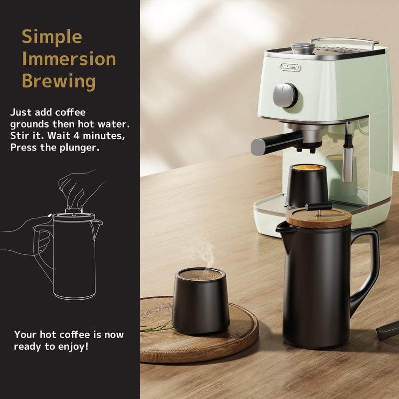 DHPO Ceramic French Press Coffee Maker, 22oz Single Serve Coffee Press with Walnut Wood Lid, Lead-Free, Food Grade Stainless Steel Filter with Dual Screen for Coffee and Loose Tea, Black - Image 2