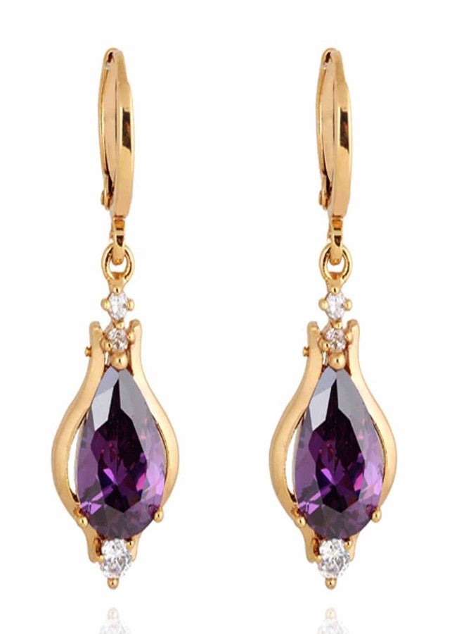 YAZILIND Elegant Unique Design 14K Gold Filled Inlay Teardrop Cubic Zirconia Dangle Drop Earrings for Women (Purple) - Image 1