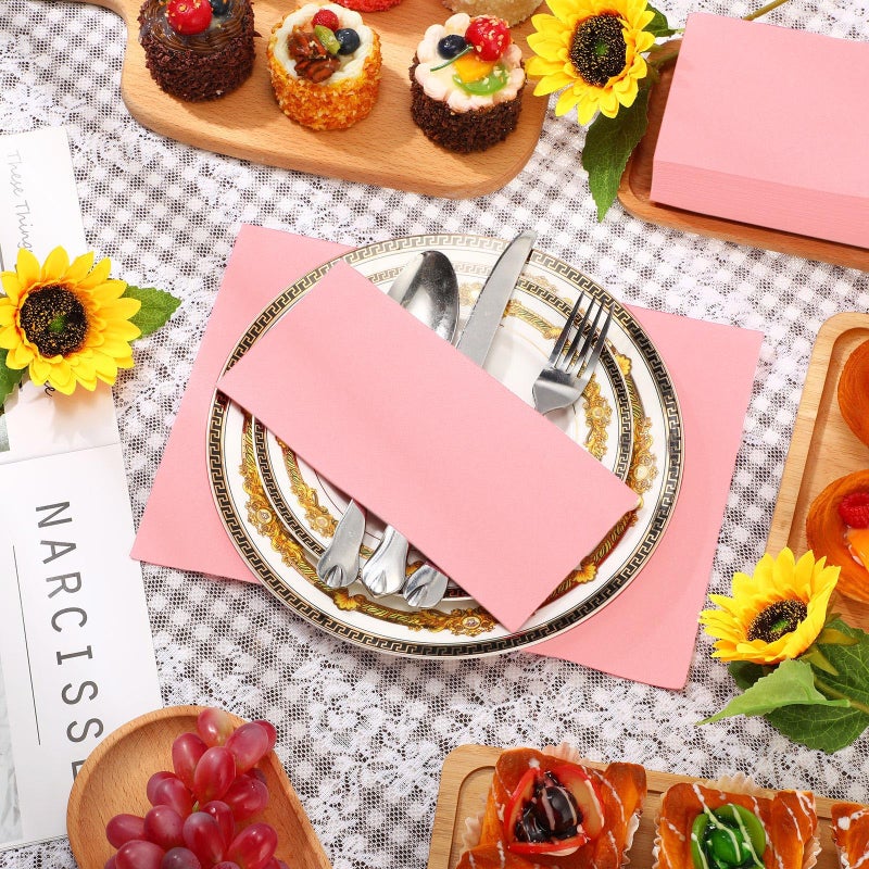 Qilery 100 Pcs Linen Feel Disposable Dinner Napkins Decorative Paper Napkin 17""x12"" Paper Soft Hand Towel Absorbent Disposable Guest Towel for Thanksgiving Day Kitchen Wedding Party(Pink) - Image 4
