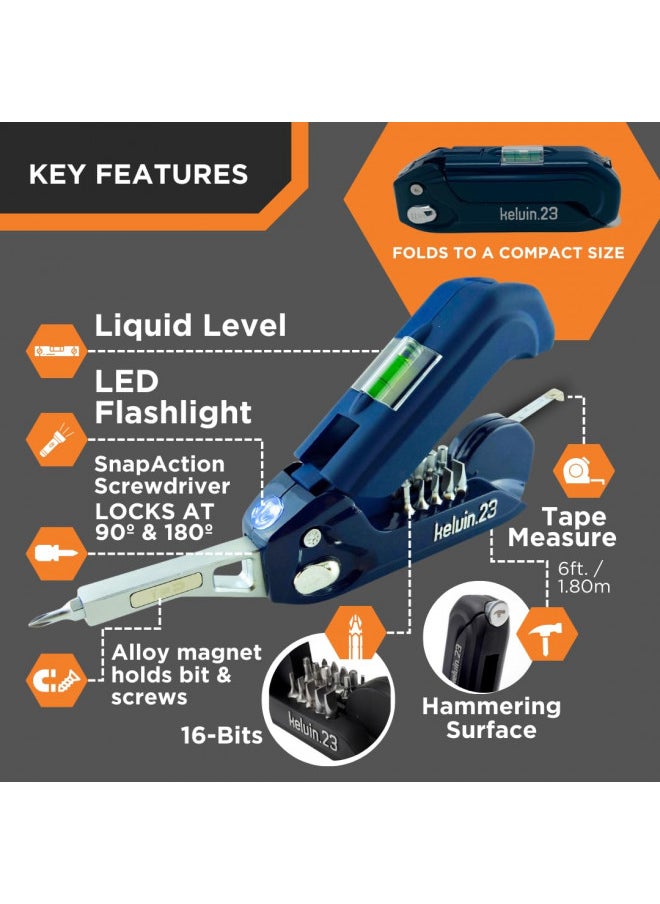 Kelvin - Kelvin Tools Kelvin 23 | The Palm-Sized Urban Ultra Multi-Tool Set | 23 Integrated Tools: 16 Bit Screwdriver Set, Tape Measure, Liquid Level, Hammer, and Flashlight (Black) - Image 1