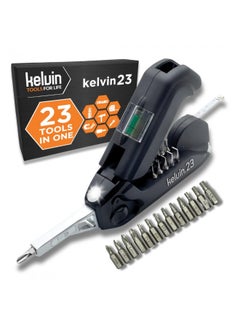 Kelvin Tools Kelvin 23 | The Palm-Sized Urban Ultra Multi-Tool Set | 23 Integrated Tools: 16 Bit Screwdriver Set, Tape Measure, Liquid Level, Hammer, and Flashlight (Black)