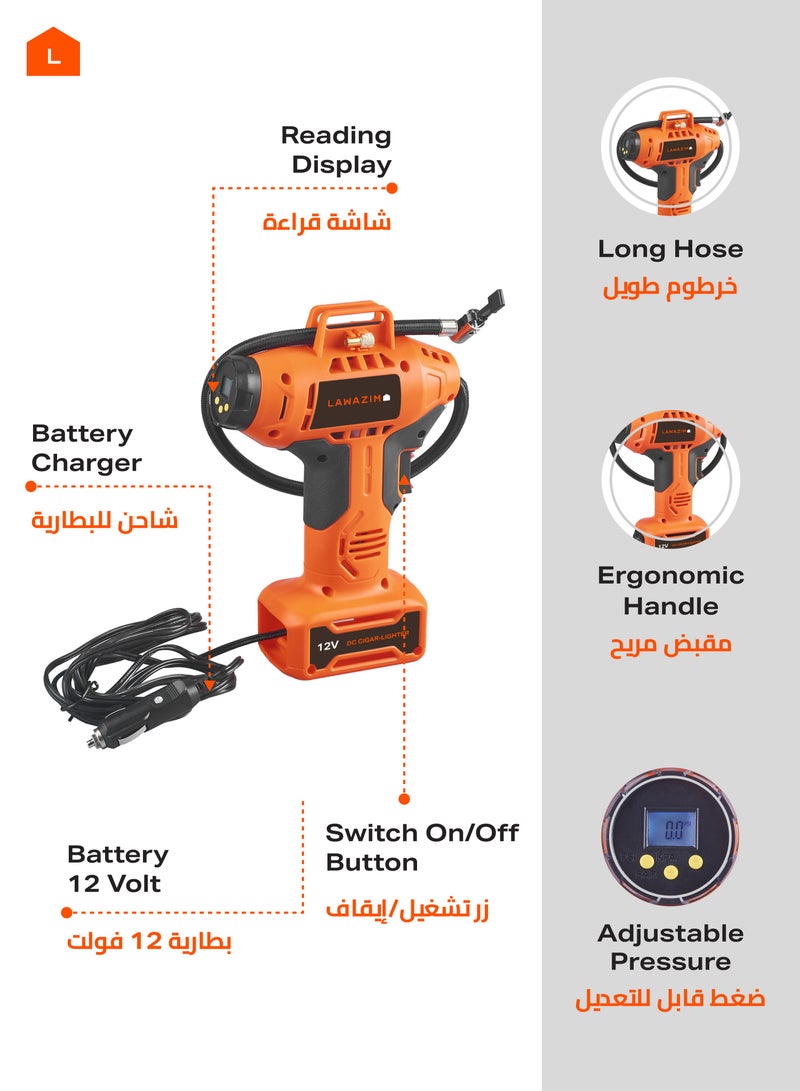 LAWAZIM Tire Inflator Air Compressor 12V Dc With Digital Gauge |Car Accessories Air Pump for Car Tires |with LED Light, Digital Tire Pressure Gauge for Car, Bicycle, Balloons - Image 3