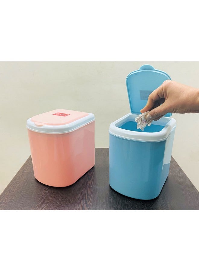 Csm - CSM Plastic Small Portable Table Dustbin/Desk Dustbin With Attached Lid And Swing Opening, Mini Trash Bin Can Waster Bin For Office,Home (Mini-Bin) Pack Of 2(Pink, Blue) - Image 1